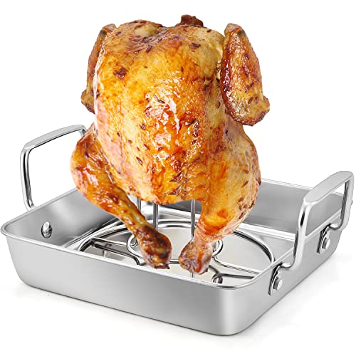 TeamFar Beer Can Chicken Holder, Stainless Steel Roasting Drip Pan with Vertical Rack Stand for Grill Oven Smoker, Healthy & Heavy Duty, Easy Clean & Dishwasher Safe (1 Pan + 1 Rack) - Image 1