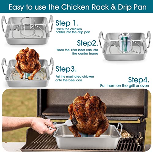 TeamFar Beer Can Chicken Holder, Stainless Steel Roasting Drip Pan with Vertical Rack Stand for Grill Oven Smoker, Healthy & Heavy Duty, Easy Clean & Dishwasher Safe (1 Pan + 1 Rack) - Image 3