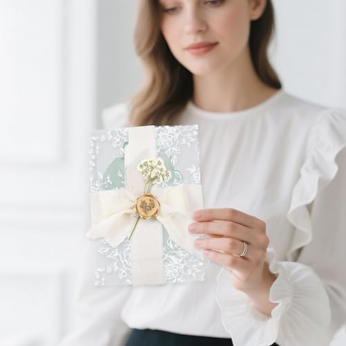 Dadoudou Wedding Invitation Accessories Kit, Pre-Folded Vellum Jackets for 5×7 Invitations with Wax Seal Stickers, Ribbon & Dried Flowers, Elegant Wedding Invitation Accessories for DIY Bridal Invites (White-Rose, 50) - Image 5