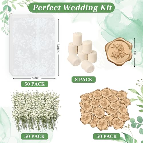Dadoudou Wedding Invitation Accessories Kit, Pre-Folded Vellum Jackets for 5×7 Invitations with Wax Seal Stickers, Ribbon & Dried Flowers, Elegant Wedding Invitation Accessories for DIY Bridal Invites (White-Rose, 50) - Image 2