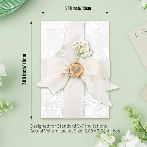 Dadoudou Wedding Invitation Accessories Kit, Pre-Folded Vellum Jackets for 5×7 Invitations with Wax Seal Stickers, Ribbon & Dried Flowers, Elegant Wedding Invitation Accessories for DIY Bridal Invites (White-Rose, 50) - Image 3