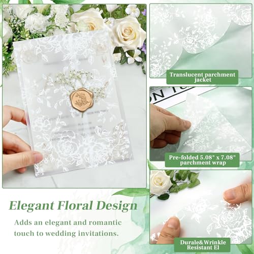 Dadoudou Wedding Invitation Accessories Kit, Pre-Folded Vellum Jackets for 5×7 Invitations with Wax Seal Stickers, Ribbon & Dried Flowers, Elegant Wedding Invitation Accessories for DIY Bridal Invites (White-Rose, 50) - Image 4