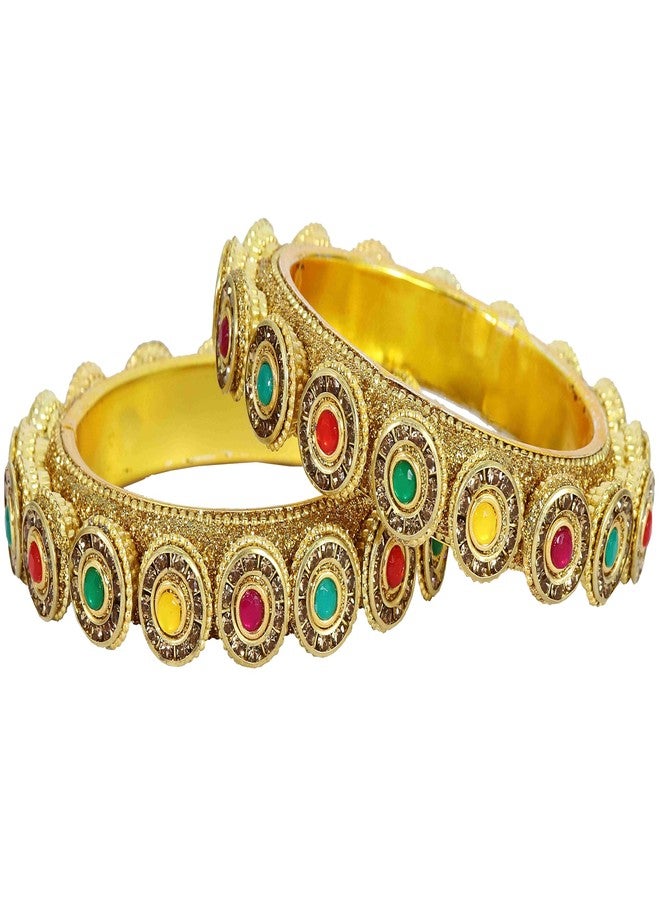 NMII Metal with Golden Zircon Stone & Beads Work Traditional Rajwadi Style Kada Set For Women & Girls | Fancy Metal Bangles | Churi Set | Kanch ki Chudiyan | bangles For Women-(NAB90-GoldMulti-2.6) - Image 1