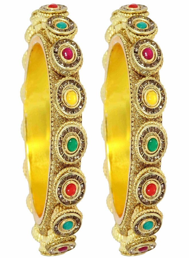 NMII Metal with Golden Zircon Stone & Beads Work Traditional Rajwadi Style Kada Set For Women & Girls | Fancy Metal Bangles | Churi Set | Kanch ki Chudiyan | bangles For Women-(NAB90-GoldMulti-2.6) - Image 2