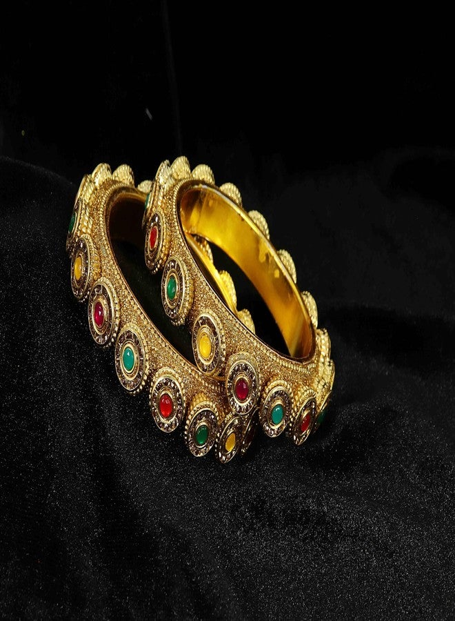 NMII Metal with Golden Zircon Stone & Beads Work Traditional Rajwadi Style Kada Set For Women & Girls | Fancy Metal Bangles | Churi Set | Kanch ki Chudiyan | bangles For Women-(NAB90-GoldMulti-2.6) - Image 3