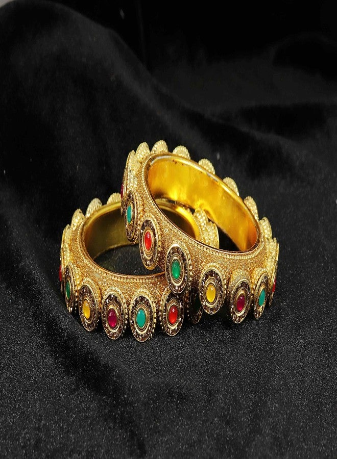 NMII Metal with Golden Zircon Stone & Beads Work Traditional Rajwadi Style Kada Set For Women & Girls | Fancy Metal Bangles | Churi Set | Kanch ki Chudiyan | bangles For Women-(NAB90-GoldMulti-2.6) - Image 4