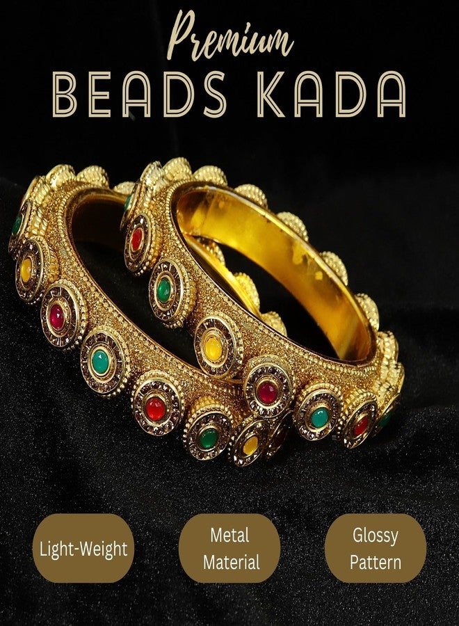 NMII Metal with Golden Zircon Stone & Beads Work Traditional Rajwadi Style Kada Set For Women & Girls | Fancy Metal Bangles | Churi Set | Kanch ki Chudiyan | bangles For Women-(NAB90-GoldMulti-2.6) - Image 5