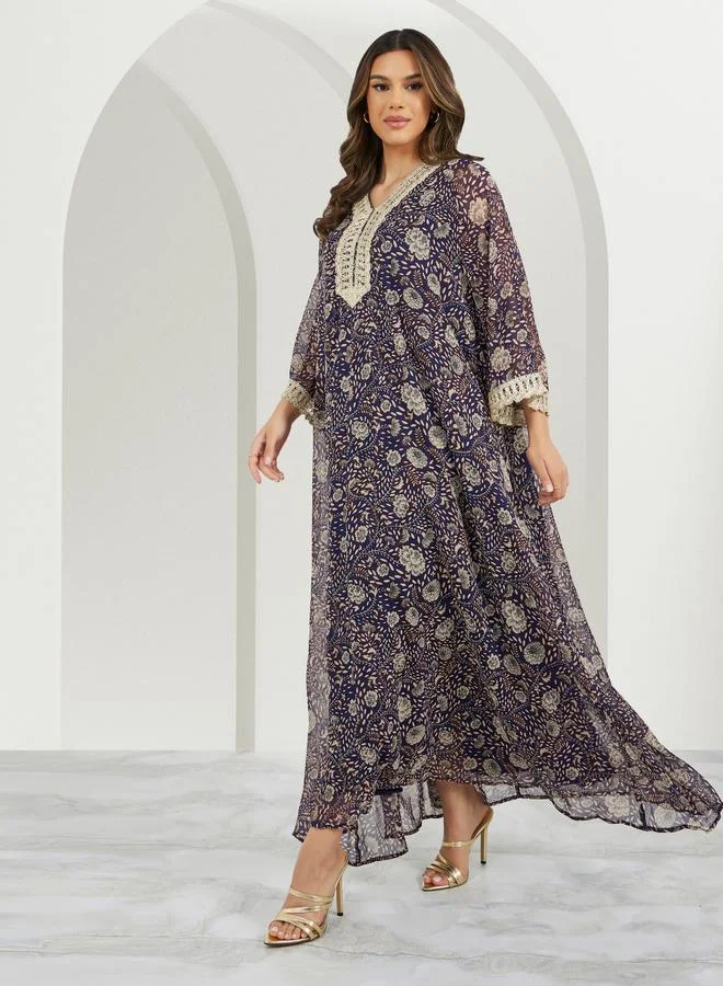 ستايلي Styli All-Over Print V-Neck Jalabiya with Lace Detail
