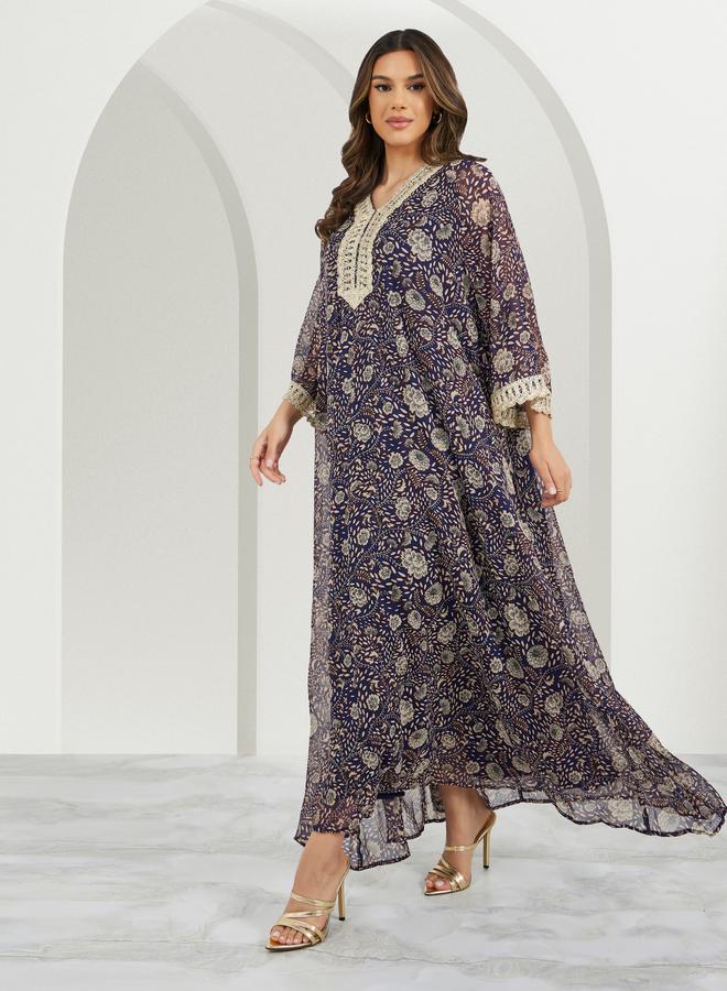 Styli Styli All-Over Print V-Neck Jalabiya with Lace Detail  - Image 1