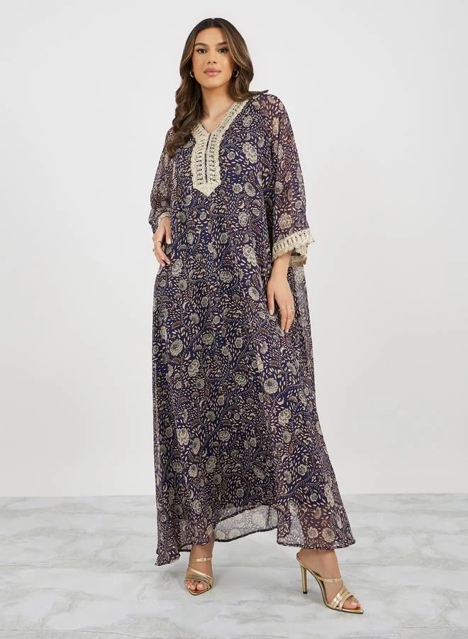 ستايلي Styli All-Over Print V-Neck Jalabiya with Lace Detail