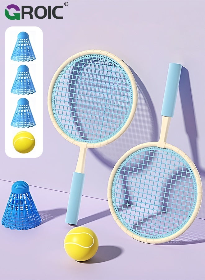 GROIC Kids Badminton Set, 2Pcs Beige Blue Lightweight Racquets for Boys Girls, 3 Shuttlecocks and 1 Tennis Ball, Indoor Outdoor Sports Training Kit for Beginners, Children Outdoor Sports, Tennis Racket Set - Image 1