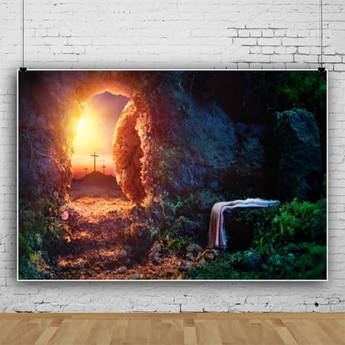 Leowefowa 9x6ft Resurrection of Jesus Backdrop Easter Sunrise Holy Light Empty Tomb Remote Peak Three Crosses Background for Photo Bible Story Church Mural Sanctuary Decor Christianity Wallpeper - Image 2