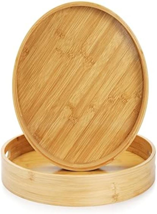 AKDC Bamboo Round Serving Tray, Wood Tray With Handles, Natural Wooden Tray For Ottoman, Kitchen/Coffee Table, Set Of 2 - Image 1