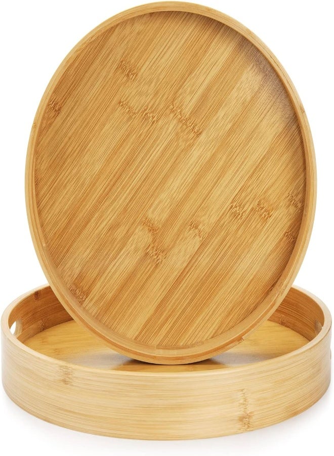 AKDC Bamboo Round Serving Tray, Wood Tray With Handles, Natural Wooden Tray For Ottoman, Kitchen/Coffee Table, Set Of 2 - Image 3