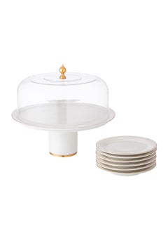 Dania A set for cakes and sweets, porcelain with a golden line pattern, 6 cake plates + 1 cake stand White 34x34x10 cm  - Image 1