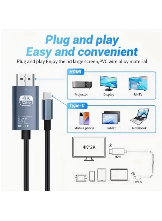 Type-C to HDTV Cable HDMI Cable - Support 4K - HDMI 2.0 Monitor Cable - Compatible with Mobile Phone/Laptop/Computer/iPad/Android/iOS/Samsung/Projector - 2M - Image 2