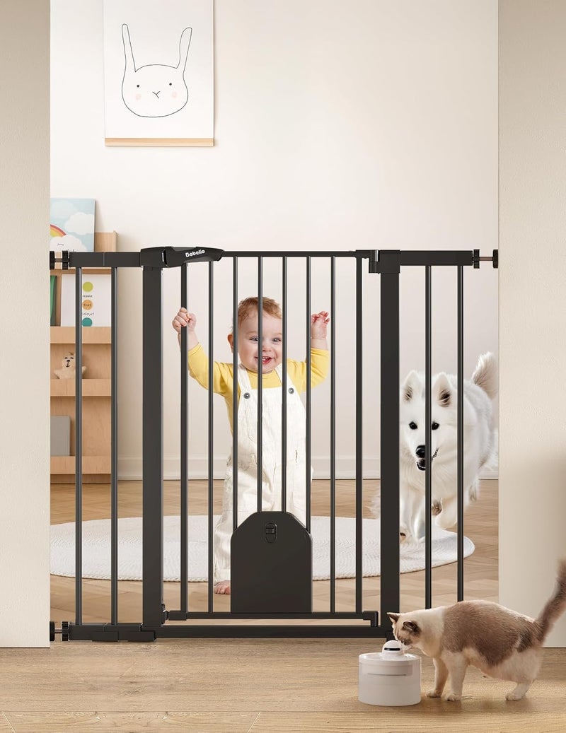Babelio 36 Tall Auto Close Baby Gate with Small Cat Door 2943 Metal Cat Gate for Doorway Stairs House Easy Walk Thru Dog Gate with pet Door Includes 4 Wall Cups and 3 Extension Pieces Black - Image 1
