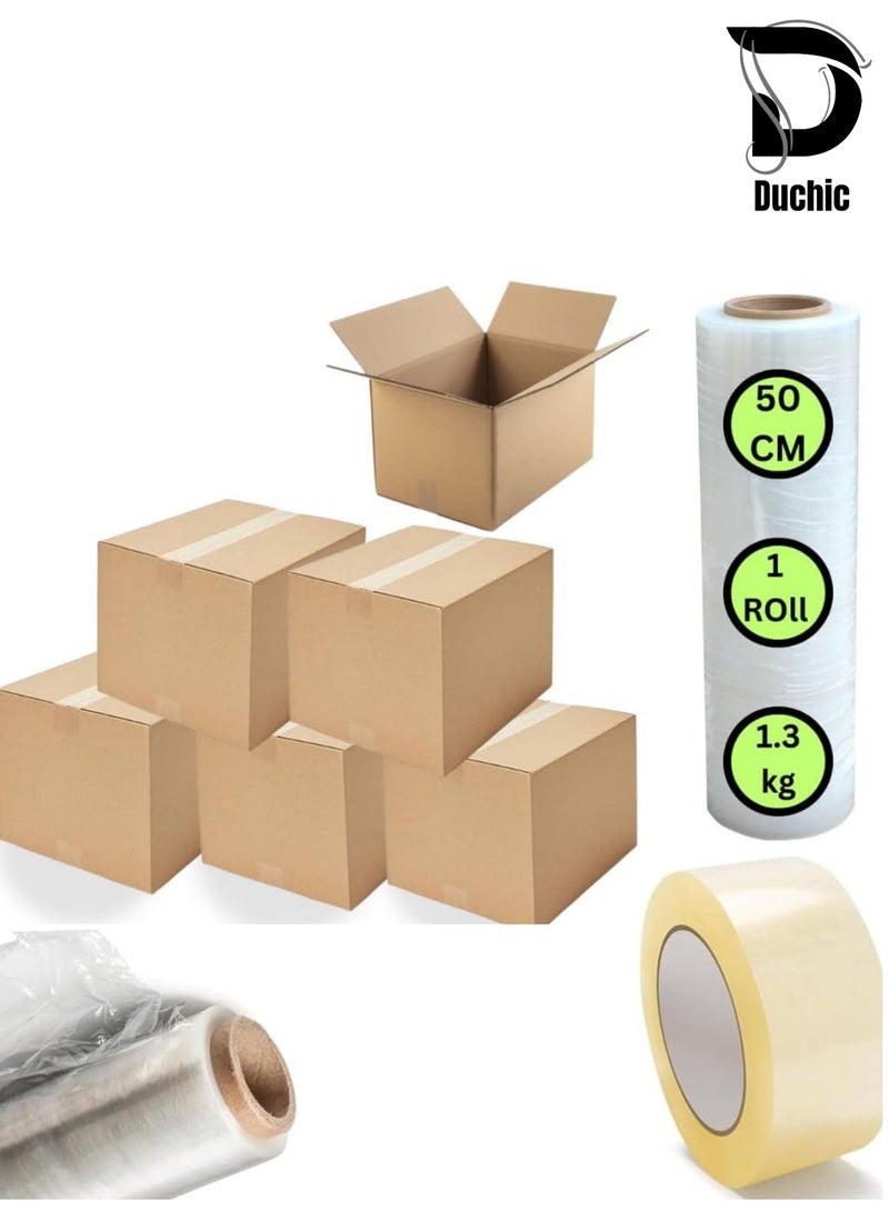 دوشيك مجموعة Duchic™ من 10 صناديق نقل من الورق المقوى، سعة 10 كجم، 45 × 32 × 23 سم، [لفافة واحدة] غلاف شفاف ممتد - 500 مم (1.3 كجم)، شريط تغليف شفاف [2 بوصة × 50 ياردة] شريط تغليف قوي ومتين للإغلاق - Image 1