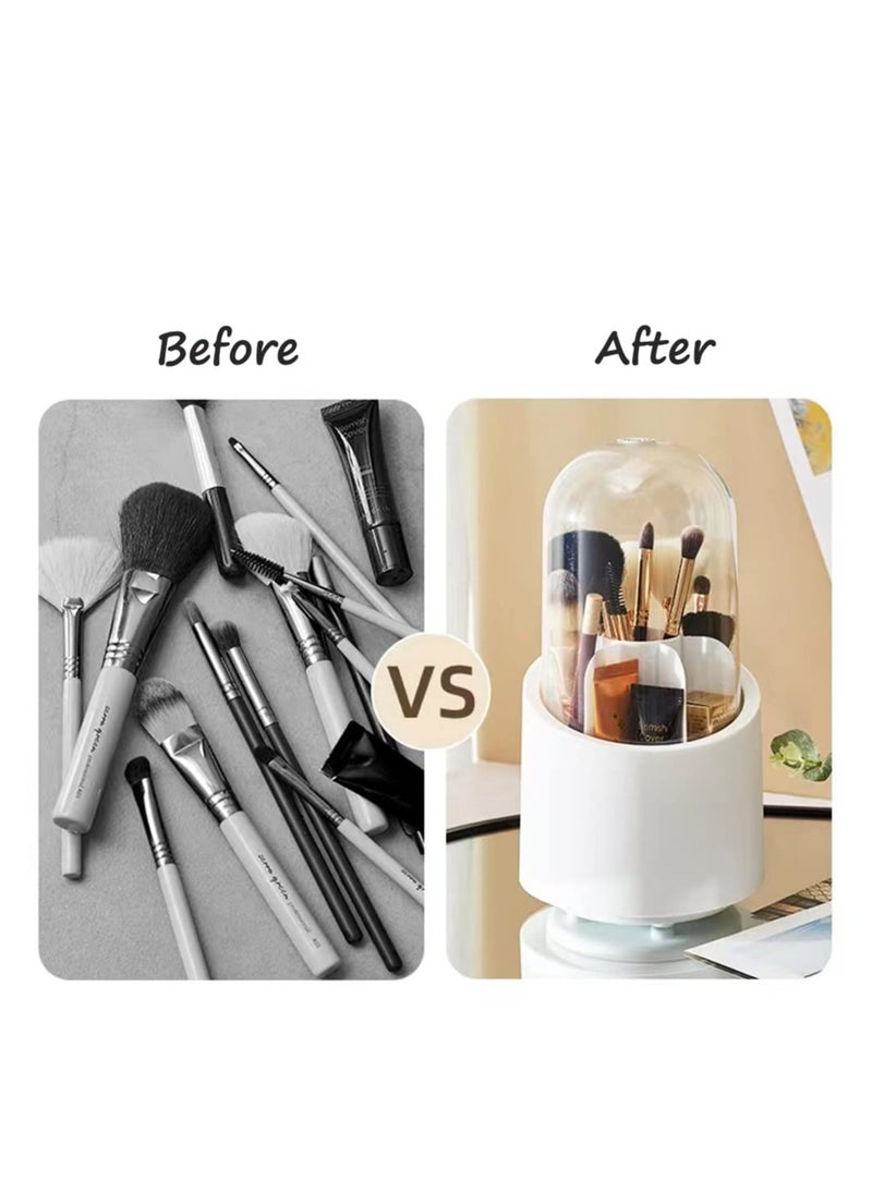 Brush holder with lid,makeup brush organizer dustproof for Vanity, 360 rotation with 7 Slots