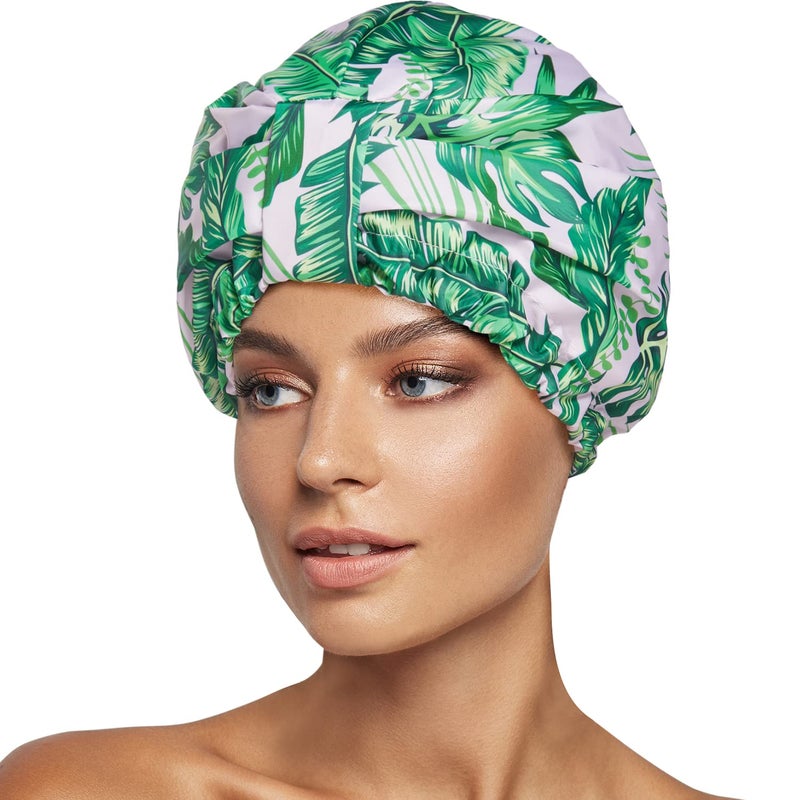 INNELO Luxury Shower Cap for Women Reusable Waterproof Double Layered Shower Hair Cap with Adjustable Elastic Strap Large Satin Lined Shower Bath Cap for Long Curly Straight Hair Palm leaves