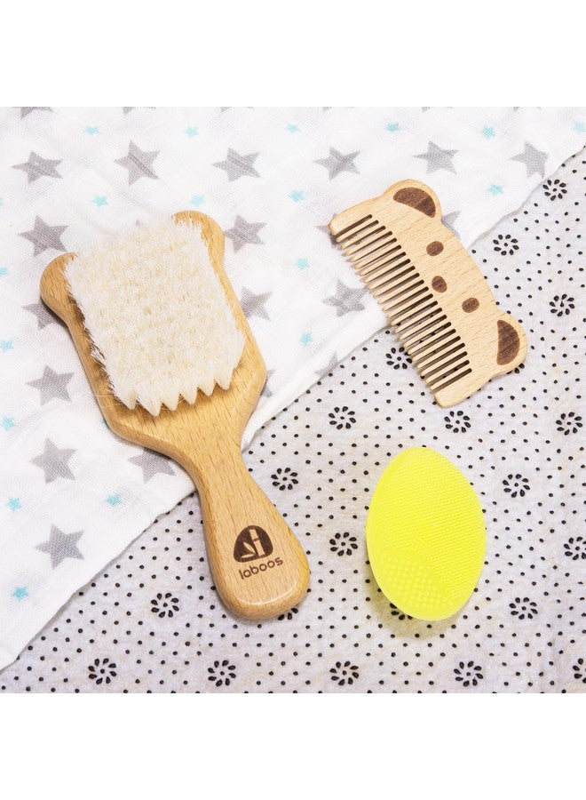 laboos Baby Hair Brush and Comb Set for Newborns & Toddlers - Wooden Handle and Natural Soft Goat Bristles,Gentle Cradle Cap Care,Baby Massage and Scalp Brush,Ideal Baby Registry Gift,Beech with Cute Bear - Image 2