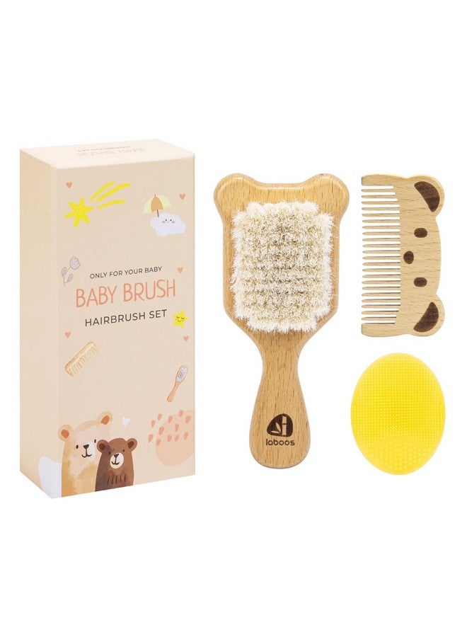 laboos Baby Hair Brush and Comb Set for Newborns & Toddlers - Wooden Handle and Natural Soft Goat Bristles,Gentle Cradle Cap Care,Baby Massage and Scalp Brush,Ideal Baby Registry Gift,Beech with Cute Bear - Image 1