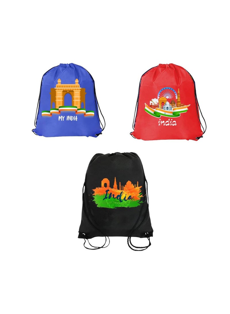 India Pack Of 3 Drawstring Bags For Republic Day-Durable Sports Backpack For Kids,Great For School And College,Everyday Use, Lightweight with Printed-Perfect For India Republic Day - Image 1