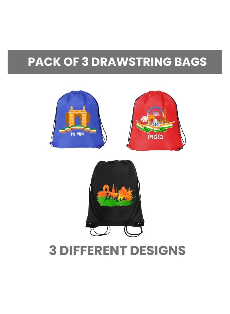 India Pack Of 3 Drawstring Bags For Republic Day-Durable Sports Backpack For Kids,Great For School And College,Everyday Use, Lightweight with Printed-Perfect For India Republic Day - Image 2