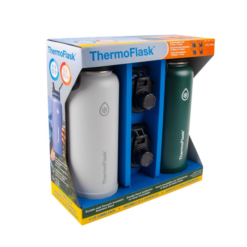 ThermoFlask زجاجة ثيرمو فلاسک مع غطاء صنبور - زجاجات ماء من الفولاذ المقاوم للصدأ مع عزل مزدوج الجدران وأغطية صنبور خالية من BPA - زجاجات وأغطية قابلة لإعادة الاستخدام مقاومة للتسرب - 40 أونصة، رمادي صنوبر (عبوتين) - Image 2