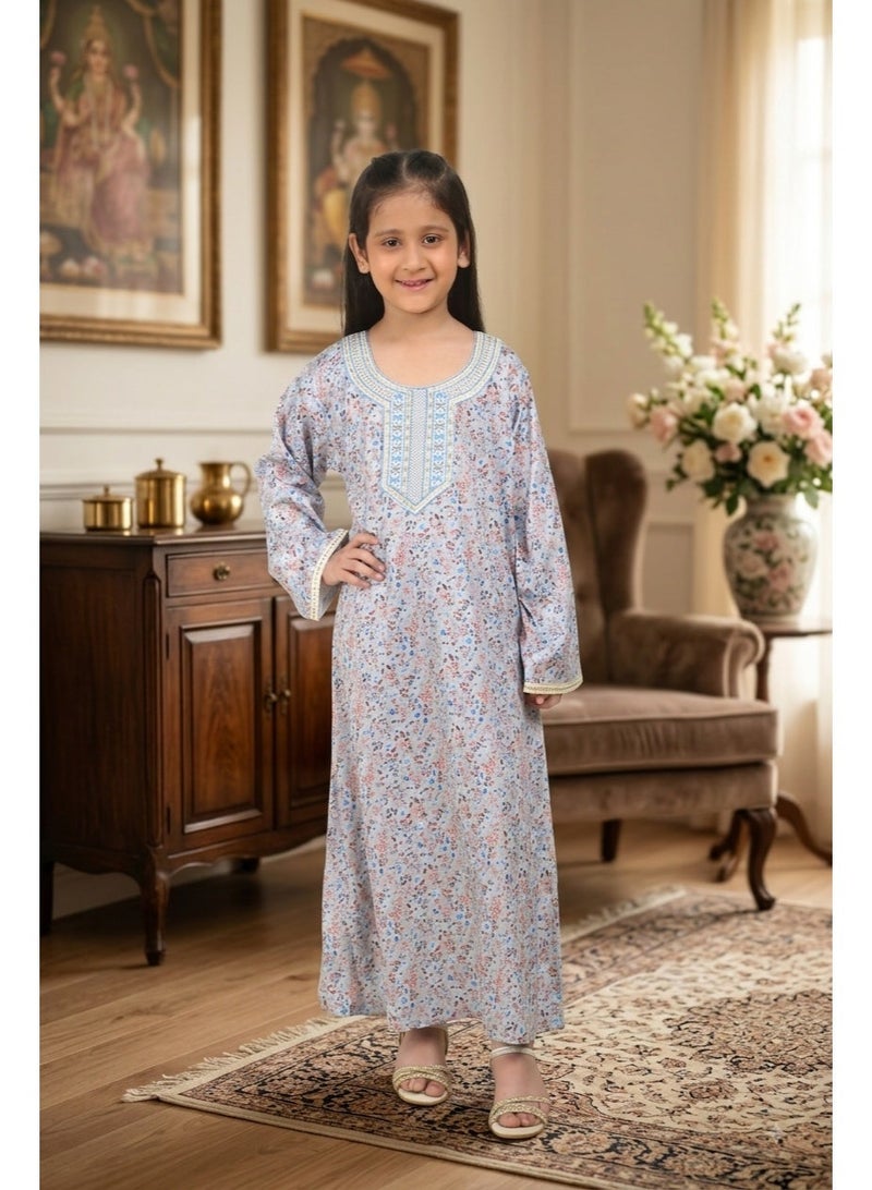 HANA & SARA Girls Viscose Blended Digital Print Floral Arabic Jalabiya – Lightweight Modest Wear Dress - Image 1