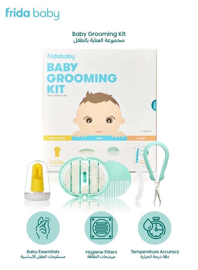 fridababy Baby Grooming Kit – 4-in-1 New born Care Set with Finger Toothbrush, Hairbrush & Comb, Easy Grip Nail Scissors & File – Baby Essentials for Safe & Gentle Grooming - Image 1