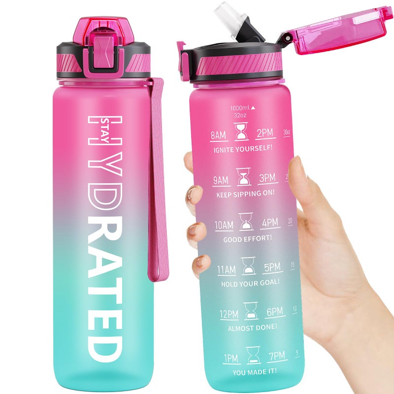 QLUR Water Bottle with Straw  32 oz Motivational Water Bottles with Time Marker to Drink  Tritan BPA Free  1L Sports Water Bottle with Carry Strap LeakProof for Women Men Gym Fitness Outdoor (1 Pack)