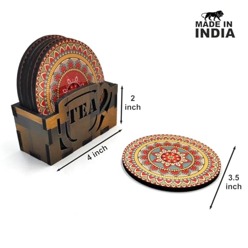 Woodkey Wooden Mandala Coaster Set with Stand ? Ideal for Tea Cups, Coffee Mugs, and Glasses (6 Pcs, 3.5x3.5 Inch) - Image 4