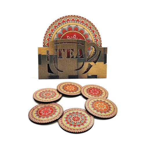 Woodkey Wooden Mandala Coaster Set with Stand ? Ideal for Tea Cups, Coffee Mugs, and Glasses (6 Pcs, 3.5x3.5 Inch) - Image 1