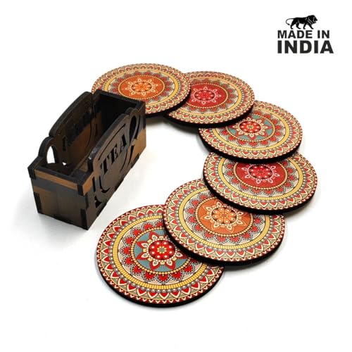 Woodkey Wooden Mandala Coaster Set with Stand ? Ideal for Tea Cups, Coffee Mugs, and Glasses (6 Pcs, 3.5x3.5 Inch) - Image 3