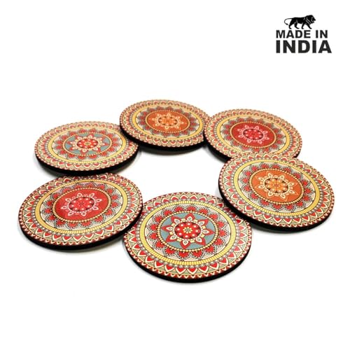 Woodkey Wooden Mandala Coaster Set with Stand ? Ideal for Tea Cups, Coffee Mugs, and Glasses (6 Pcs, 3.5x3.5 Inch) - Image 2