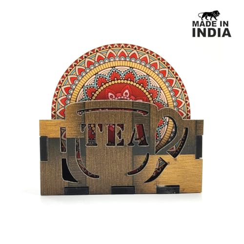 Woodkey Wooden Mandala Coaster Set with Stand ? Ideal for Tea Cups, Coffee Mugs, and Glasses (6 Pcs, 3.5x3.5 Inch) - Image 5