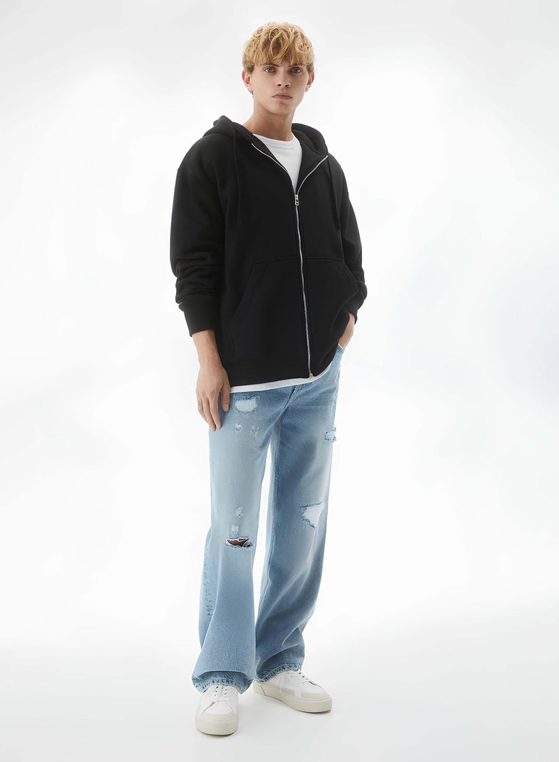 مانياك سويت شيرت رجالي أسود بقلنسوة وسحاب كامل بياقة دائرية وفتحة أمامية بقصة فضفاضة من قماش التيري الفرنسي - Image 5