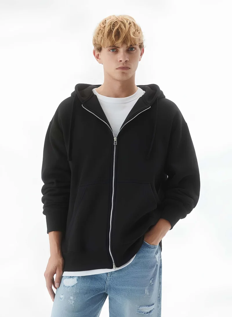 Maniac Maniac Mens Solid Hooded Neck Full Sleeve Full Zipper Open Black French Terry Loose fit Sweatshirt