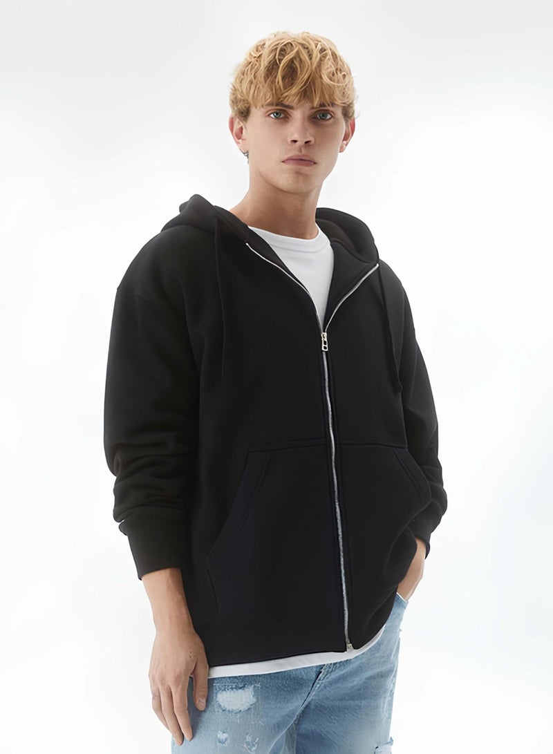 Maniac Mens Solid Hooded Neck Full Sleeve Full Zipper Open Black French Terry Loose fit Sweatshirt - Image 1