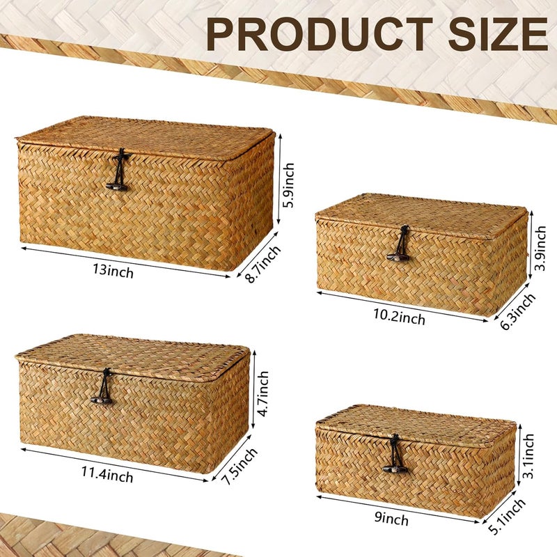 Woanger Set of 4 Seagrass Basket with Lids Woven Rattan Wicker Storage Basket Decorative Storage Boxes Rectangular Baskets for Decoration, Picnic, Groceries and clothes Storage(Orange) - Image 2