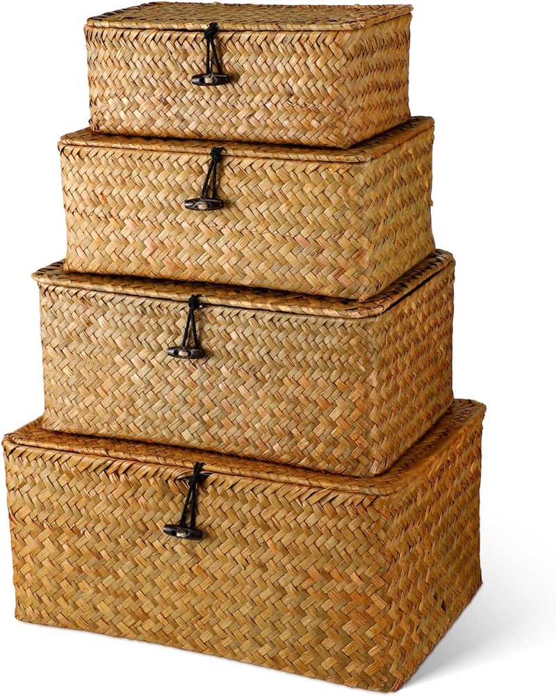 Woanger Set of 4 Seagrass Basket with Lids Woven Rattan Wicker Storage Basket Decorative Storage Boxes Rectangular Baskets for Decoration, Picnic, Groceries and clothes Storage(Orange) - Image 1
