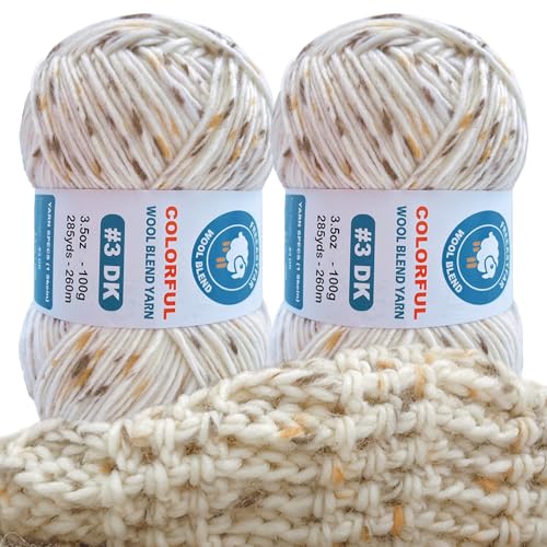 FREEASYFAR 2 Pack Wool Blend Yarn 2x35oz 285yds 3 DK 20 Wool 80 Acrylic Variegated SinglePly Soft Crochet Knitting Wool Yarn for Sweaters Scarves Hats Buttercream - Image 1