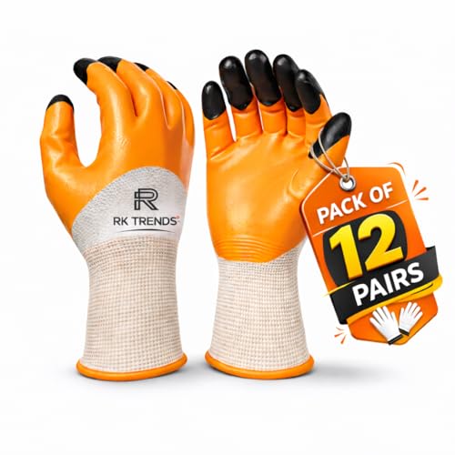 RK TRENDS Safety Gloves - Nylon Nitrile Coated Industrial & Home Cut Resistant Hand Gloves. (Pack of 12 Pairs, Orange (Double Coated)) - Image 1