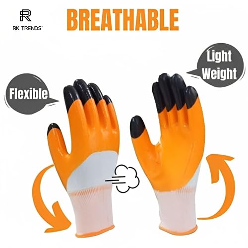 RK TRENDS Safety Gloves - Nylon Nitrile Coated Industrial & Home Cut Resistant Hand Gloves. (Pack of 12 Pairs, Orange (Double Coated)) - Image 5