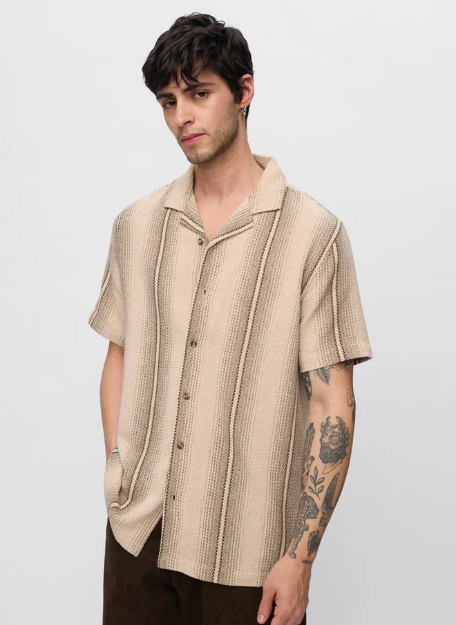 The Souled Store Men Regular Fit Striped Beige Shirt