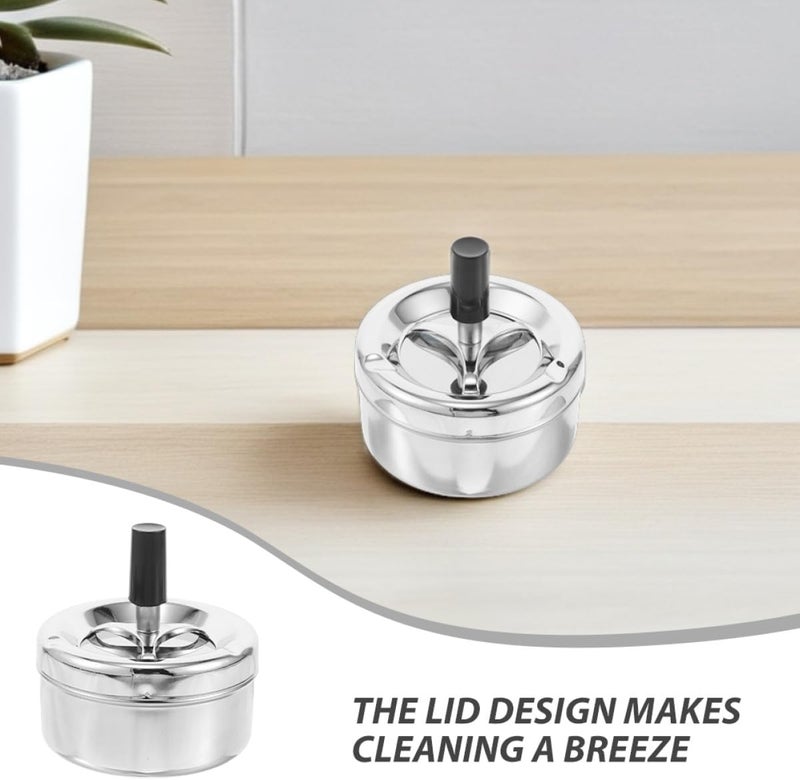 Ciieeo 2pcs Metal round Push down Ashtrays with Lid, Windproof Revolving Smokeless Small Tabletop Ash Tray for Outdoor Patio, Home, Car Smoking Silver - Image 3