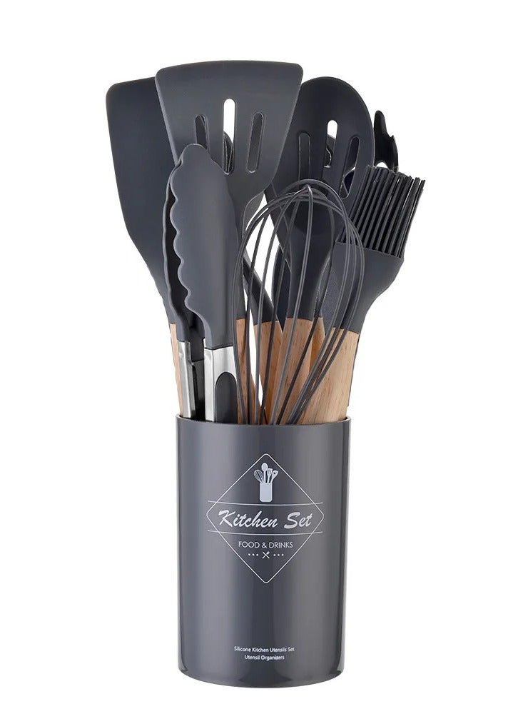 AROAQ Silicone Kitchen Utensils Set With Wooden Handle And Storage Bucket, Heat Resistant Silicone Kitchen Spatulas Set, Black 12pc  - Image 1