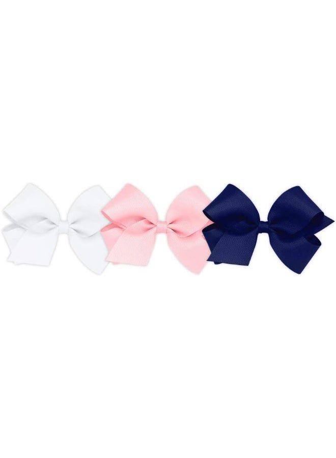 Wee Ones Girls' 3 pc Set Solid Grosgrain Variety Pack on a WeeStay No-Slip Hair Clip, Medium, White, Light Pink, and Light Navy - Image 1