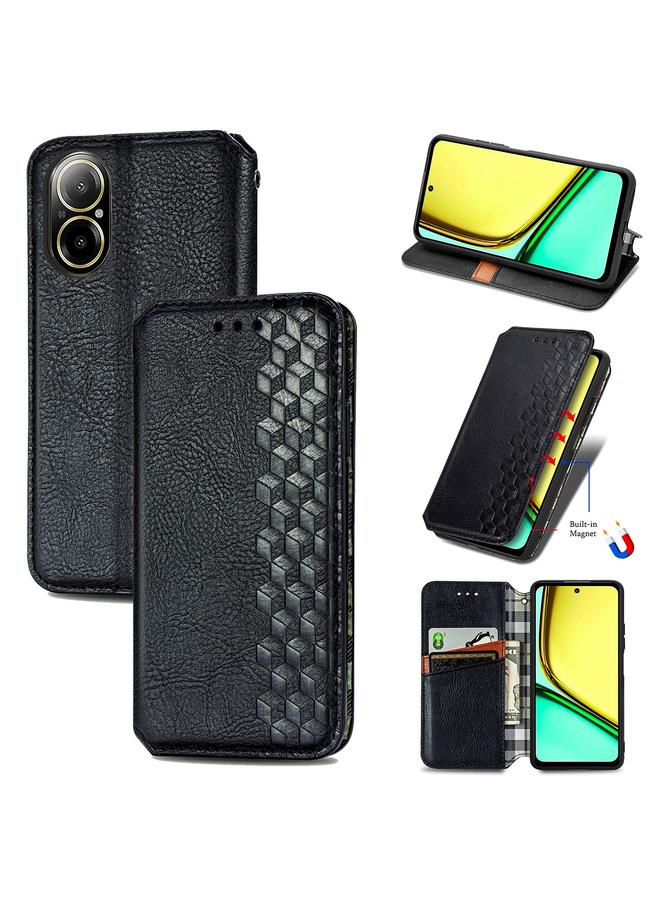 S-TOP Case For Realme C67 4G Cubic Grid Pressed Magnetic Leather Phone Case - Image 1